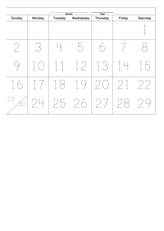 30-Day One Month Calendar Template Printable pdf