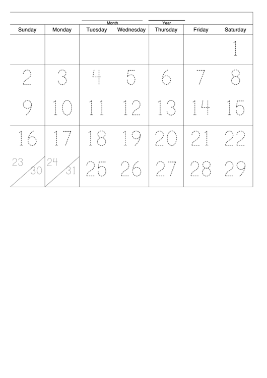 31-Day One Month Calendar Template Printable pdf