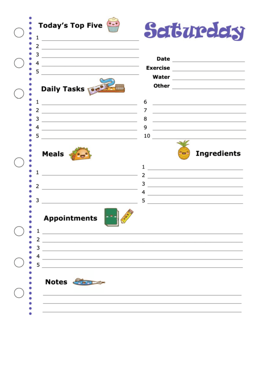 Daily Planner Template: Saturday Printable pdf