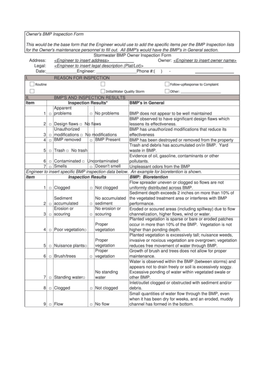 Stormwater Bmp Owner Inspection Form Printable pdf