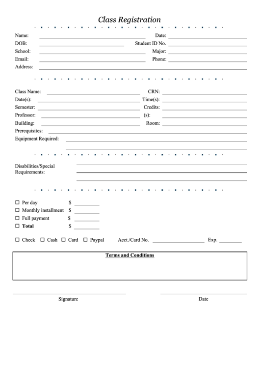 Class Registration Form Printable pdf