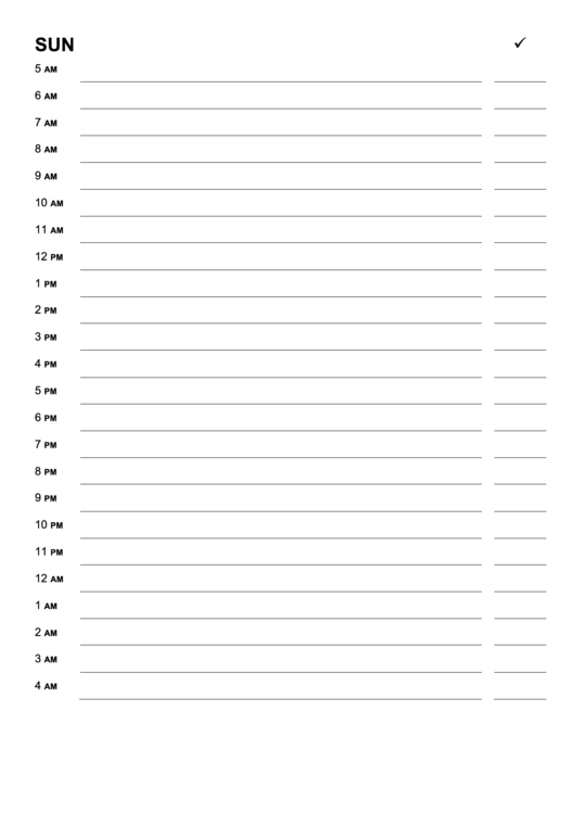Sunday Hourly Planner Template Printable pdf