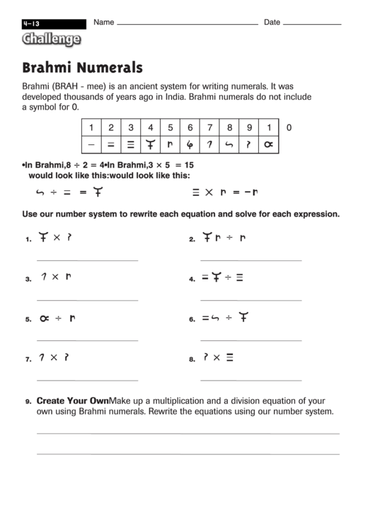 Brahmi Numerals - Math Worksheet With Answers Printable pdf