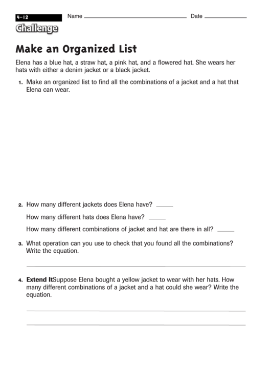 Make An Organized List - Math Worksheet With Answers Printable pdf