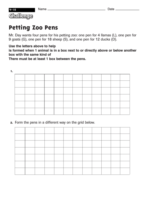 Petting Zoo Pens - Math Worksheet With Answers Printable pdf
