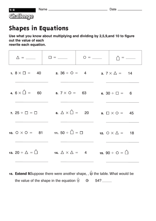 Shapes In Equations - Math Worksheet With Answers Printable pdf