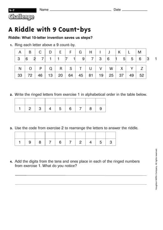 A Riddle With 9 Count-Bys - Math Worksheet With Answers Printable pdf