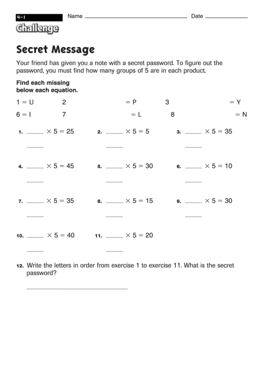 Secret Message - Multiplication Worksheet With Answers