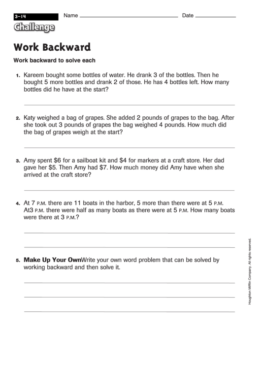 Work Backward - Math Worksheet With Answers Printable pdf