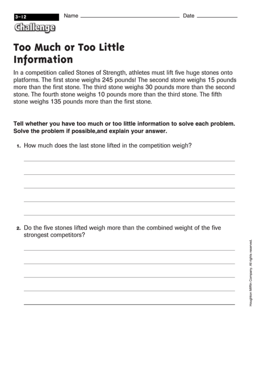 Too Much Or Too Little Information - Math Worksheet With Answers Printable pdf