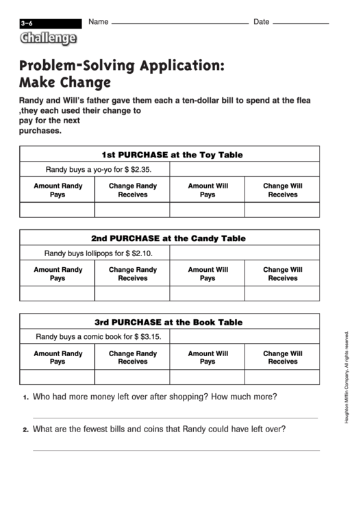 Problem-Solving Application: Make Change - Math Worksheet With Answers Printable pdf