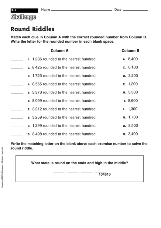 Round Riddles - Math Worksheet With Answers Printable pdf