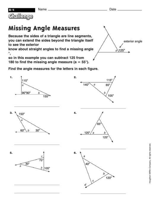 Missing Angle Measures - Geometry Worksheet With Answers Printable pdf