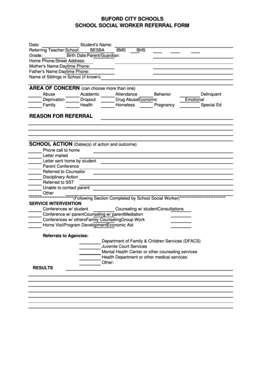 School Social Worker Referral Form - Buford City Schools Printable pdf
