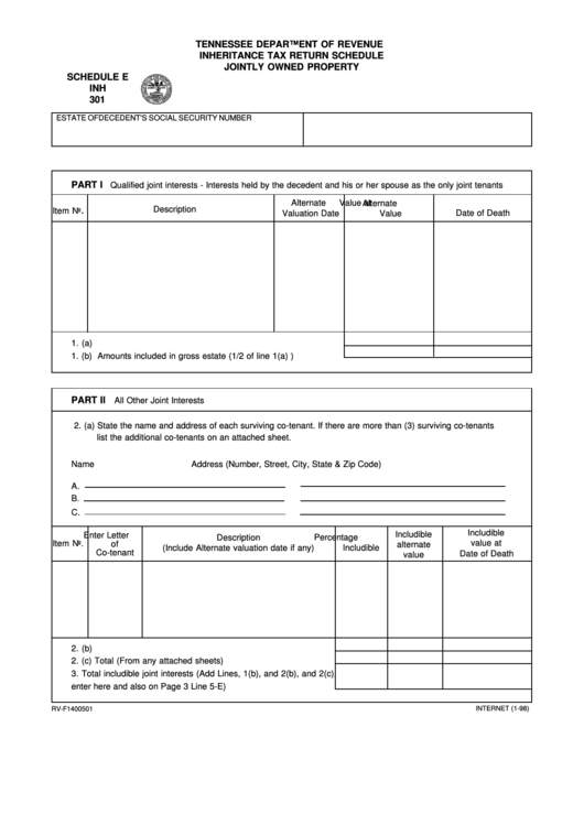 Fillable Form Inh 301 - Schedule E - Inheritance Tax Return Schedule - Jointly Owned Property Printable pdf