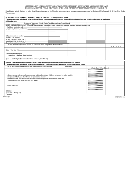 Fillable Form Rv-F1404801 - Apportionment Schedules For Taxpayers Electing To Report Net Worth On A Consolidated Basis In Accordance With Public Chapter 932 Of 2004 Printable pdf