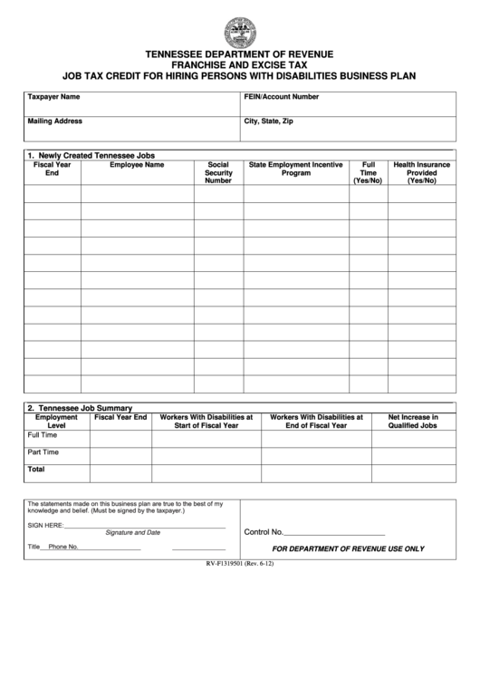 Fillable Form Rv-F1319501 - Job Tax Credit For Hiring Persons With Disabilities Business Plan Printable pdf
