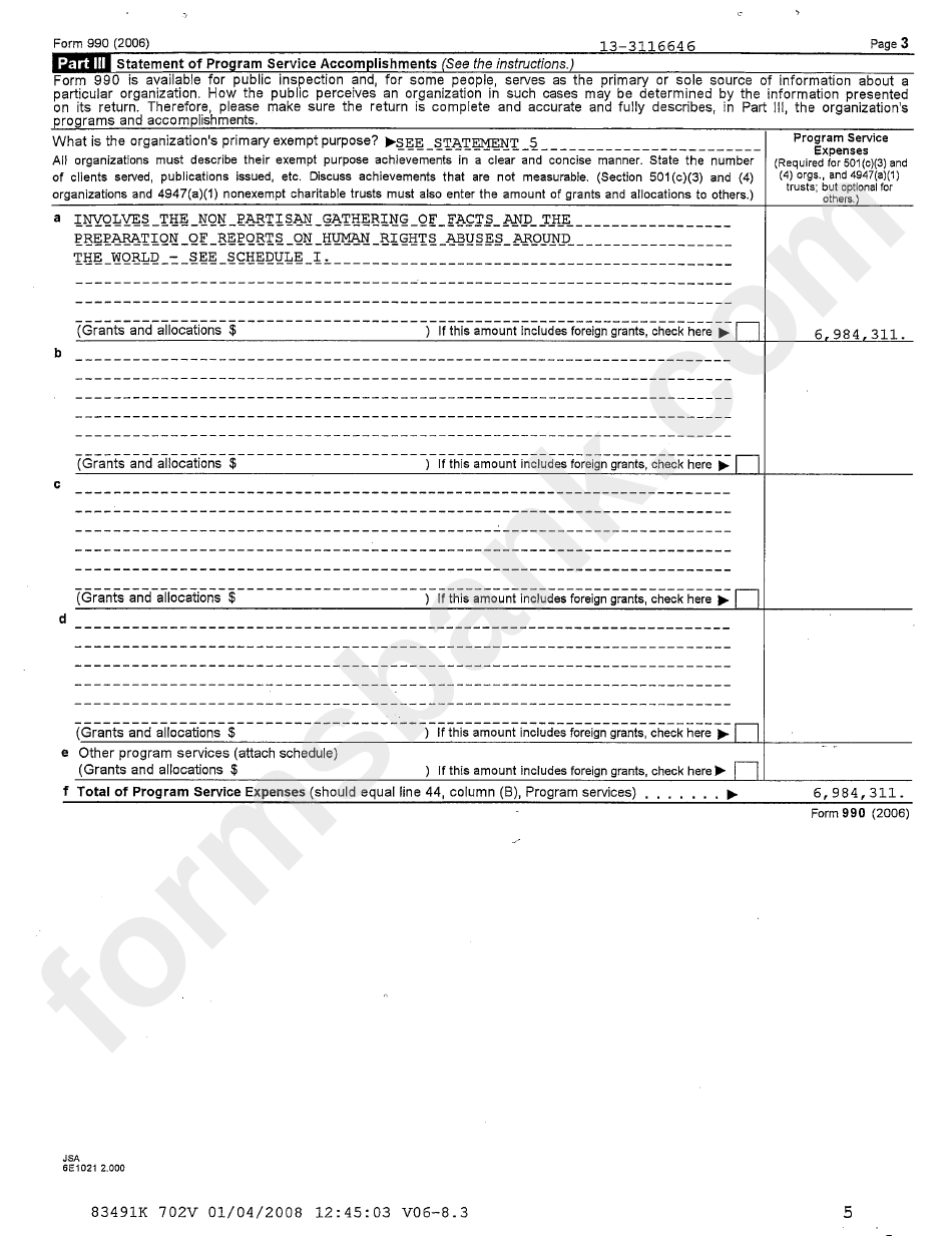 Form 990 - Return Of Organization Exempt From Income Tax - Sample - 2006