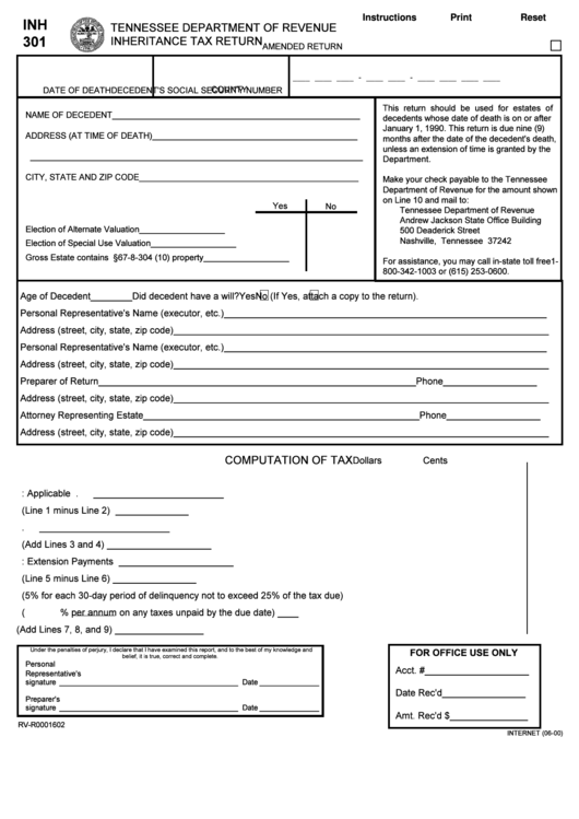 Fillable Form Inh 301 - Inheritance Tax Return Printable pdf