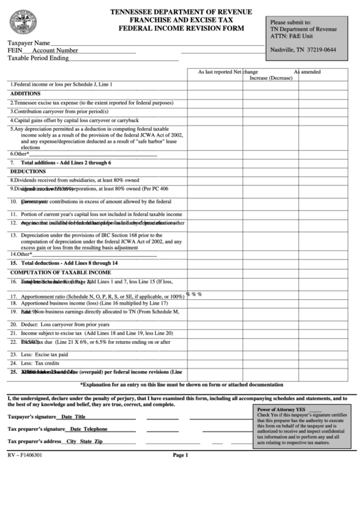Fillable Form Rv - F1406301 - Franchise And Excise Tax Federal Income Revision Form Printable pdf
