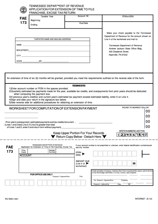 Fillable Form Fae 173 - Application For Extension Of Time To File Franchise, Excise Tax Return Printable pdf