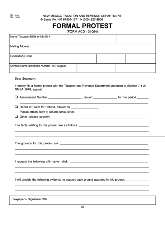 Form Acd-31094 - Formal Protest Printable pdf