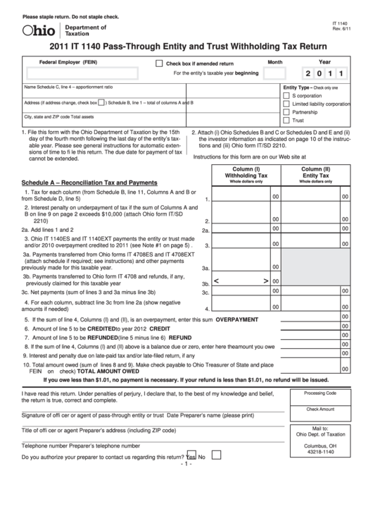 Fillable Form It 1140 - Pass-Through Entity And Trust Withholding Tax Return - 2011 Printable pdf