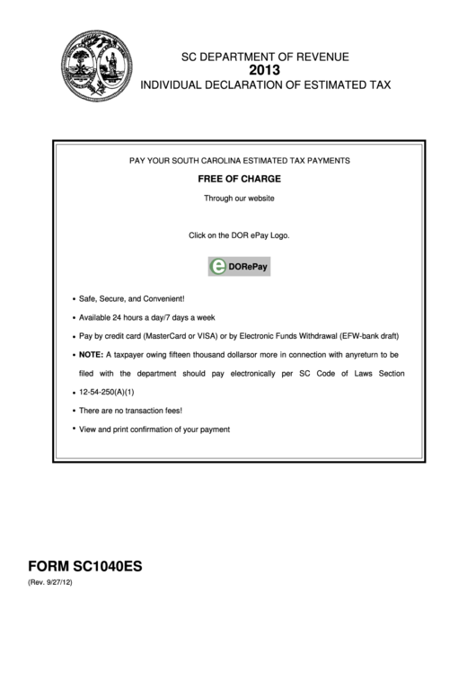 Form Sc1040es - Individual Declaration Of Estimated Tax - 2013 Printable pdf