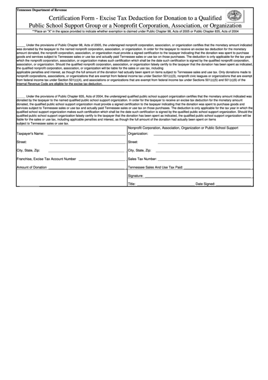 Fillable Certification Form - Excise Tax Deduction For Donation To A Qualified Public School Support Group Or A Nonprofit Corporation, Association, Or Organization Printable pdf