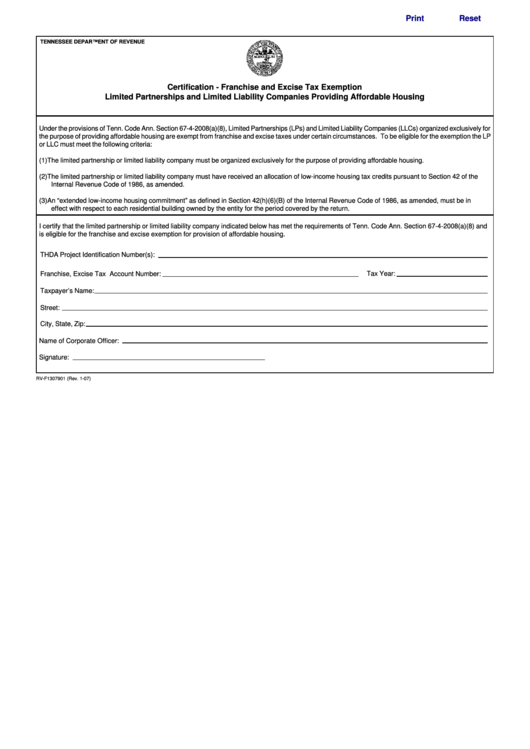Fillable Form Rv-F1307901 - Certification - Franchise And Excise Tax Exemption - Limited Partnerships And Limited Liability Companies Providing Affordable Housing Printable pdf