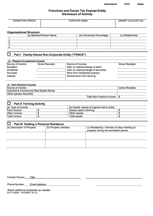 Fillable Form Rv-F1320501 - Franchise And Excise Tax Exempt Entity - Disclosure Of Activity Printable pdf