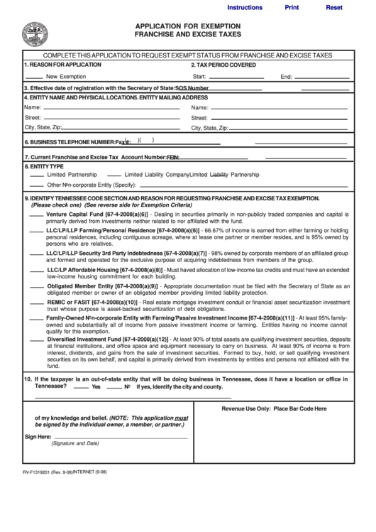 Fillable Form Rv-F1319201 - Application For Exemption - Franchise And Excise Taxes Printable pdf