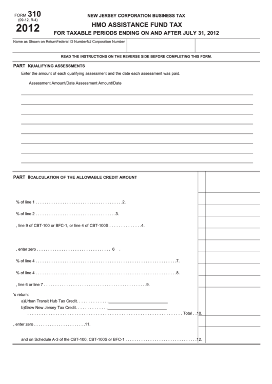 Fillable Form 310 - Hmo Assistance Fund Tax - New Jersey Corporation Business Tax - 2012 Printable pdf