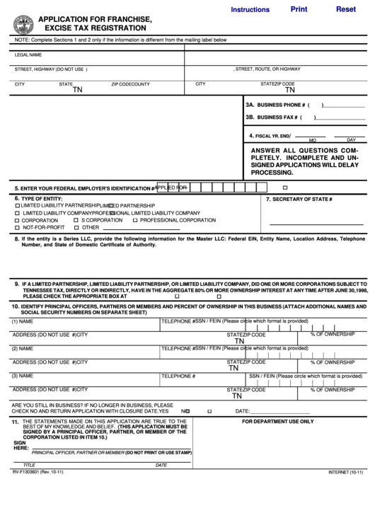 Fillable Form Rv-F1303601 - Application For Franchise, Excise Tax Registration Printable pdf