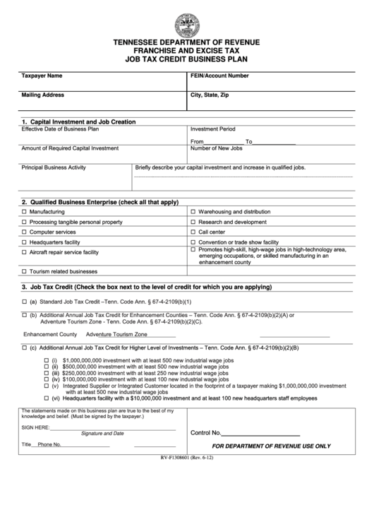 Fillable Form Rv-F1308601 - Franchise And Excise Tax - Job Tax Credit Business Plan Printable pdf