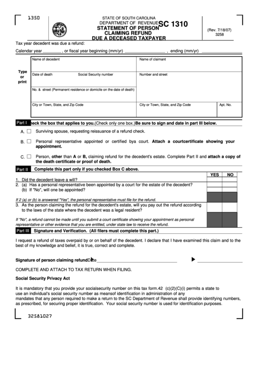 Form Sc 1310 - Statement Of Person Claiming Refund Due A Deceased Taxpayer Printable pdf