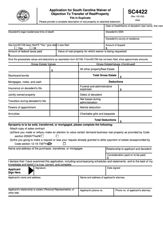 Form Sc4422 - Application For South Carolina Waiver Of Objection To Transfer Of Real Property Printable pdf