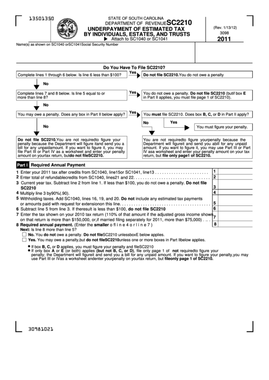 Form Sc2210 - Underpayment Of Estimated Tax By Individuals, Estates, And Trusts - 2011 Printable pdf
