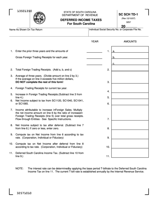 Form Sc Sch Td-1 - Deferred Income Taxes Printable pdf