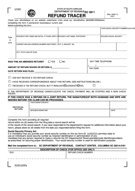 Form Sc 3911 - Refund Tracer Printable pdf