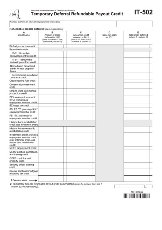 Fillable Form It-502 - Temporary Deferral Refundable Payout Credit - 2011 Printable pdf