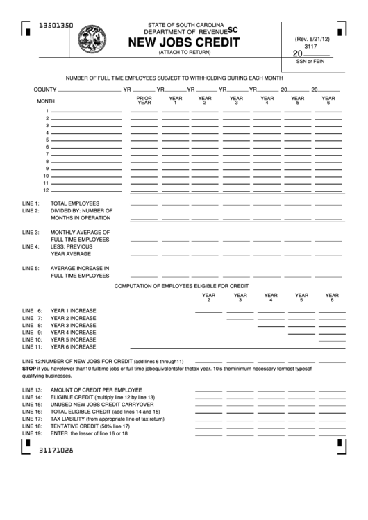 Fillable Form Sc Sch.tc 4 - New Jobs Credit Printable pdf