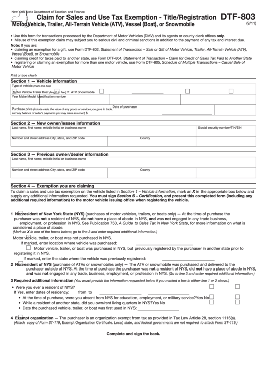 Form Dtf-803 - Claim For Sales And Use Tax Exemption Title/registration Motor Vehicle, Trailer, All-Terrain Vehicle (Atv), Vessel (Boat), Or Snowmobile Printable pdf