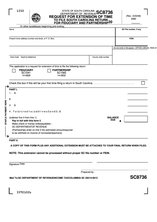 Fillable Form Sc8736 - Request For Extension Of Time To File South Carolina Return For Fiduciary And Partnership Printable pdf