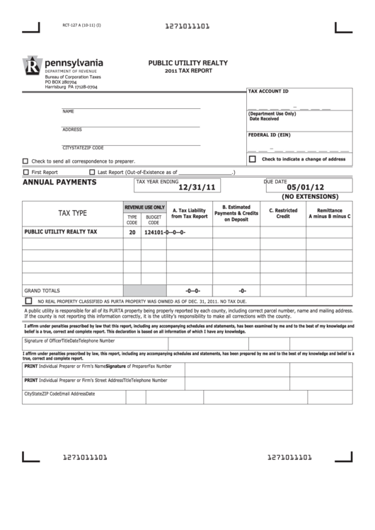 Form Rct-127 A - Public Utility Realty Tax Report - 2011 Printable pdf