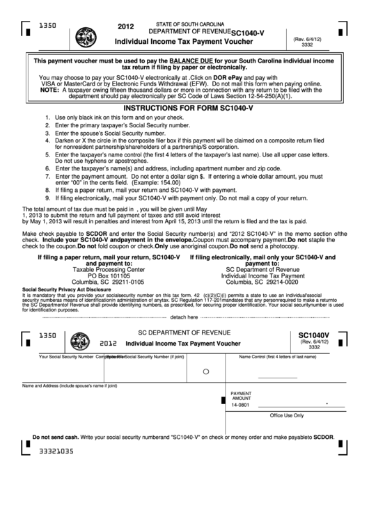 Fillable Form Sc1040v - Individual Income Tax Payment Voucher - 2012 Printable pdf