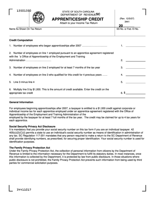 Form Sc Sch.tc-45 - Apprenticeship Credit Printable pdf