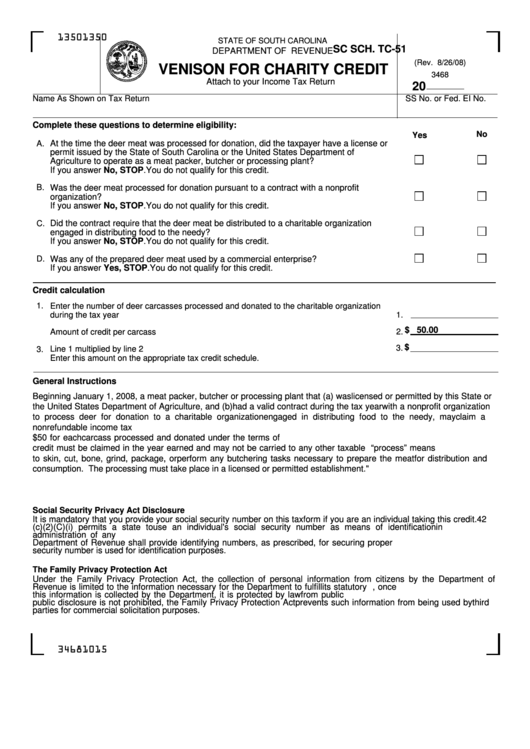 Form Sc Sch. Tc-51 - Venison For Charity Credit Printable pdf