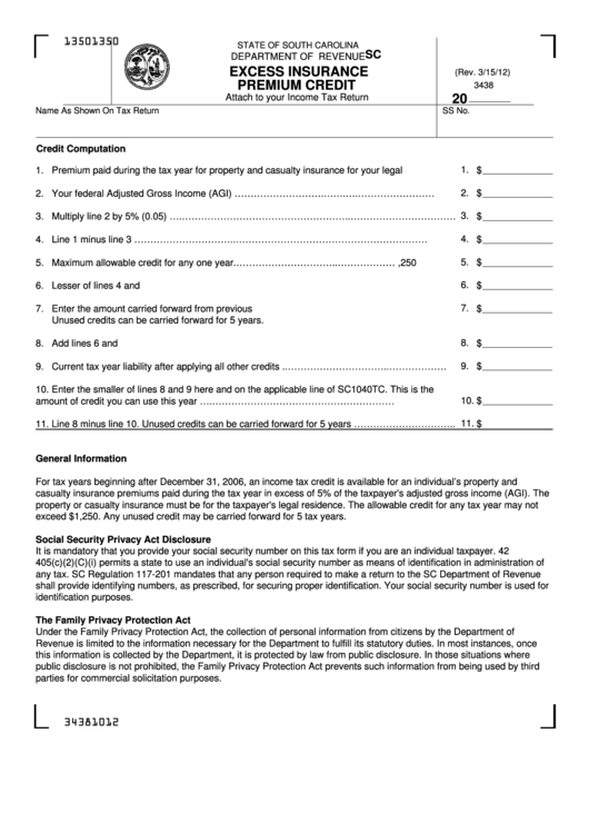 Fillable Form Sc Sch.tc-44 - Excess Insurance Premium Credit Printable pdf
