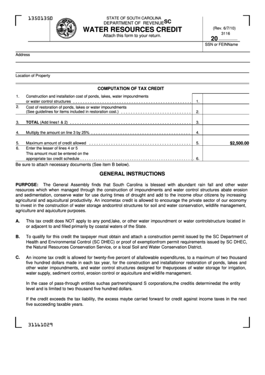 Form Sc Sch.tc-3 - Water Resources Credit Printable pdf